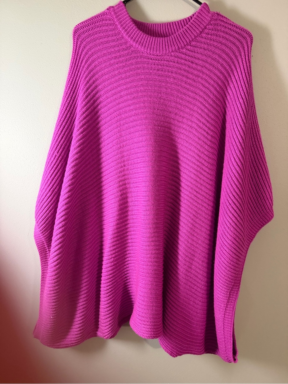 Bright Pink Ribbed Crewneck poncho sweater